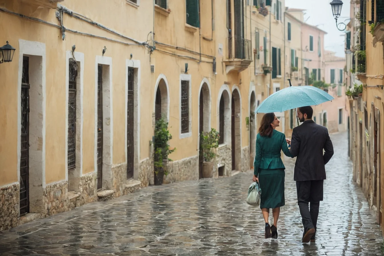 A couple walks together under a blue umbrella on a rainy cobblestone street lined with old buildings.