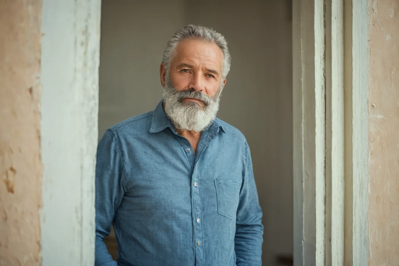 A gray-bearded man in a blue denim shirt stands in a weathered doorway.