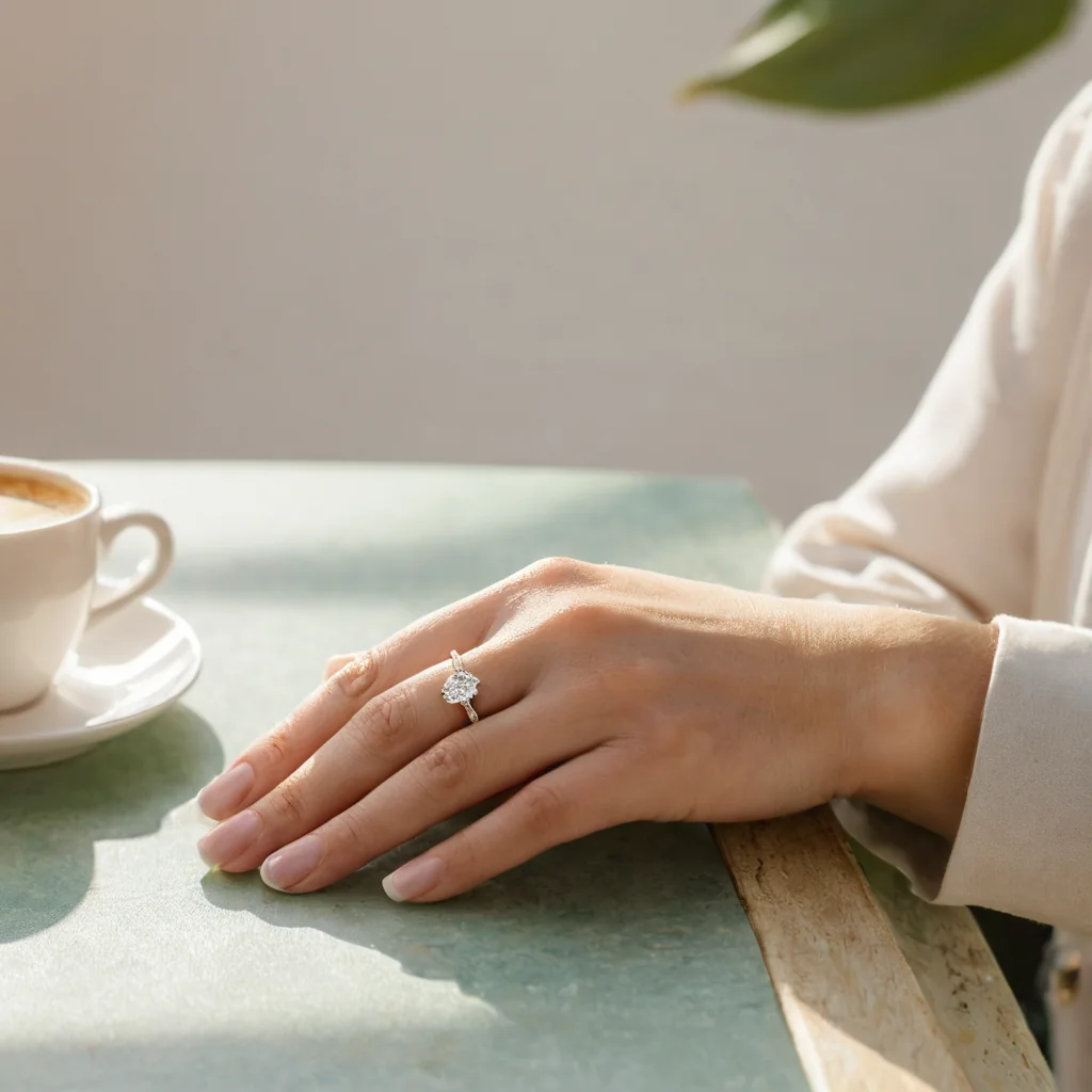 A hand wearing a diamond ring rests on a green table with a coffee cup and leaf nearby.