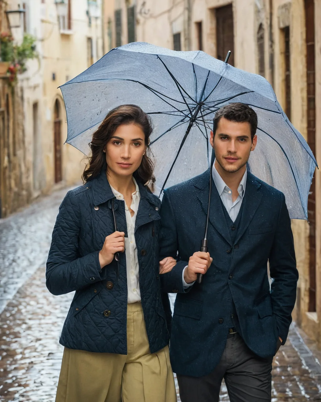 A man and woman in matching navy jackets share a blue umbrella on a rainy cobblestone street.