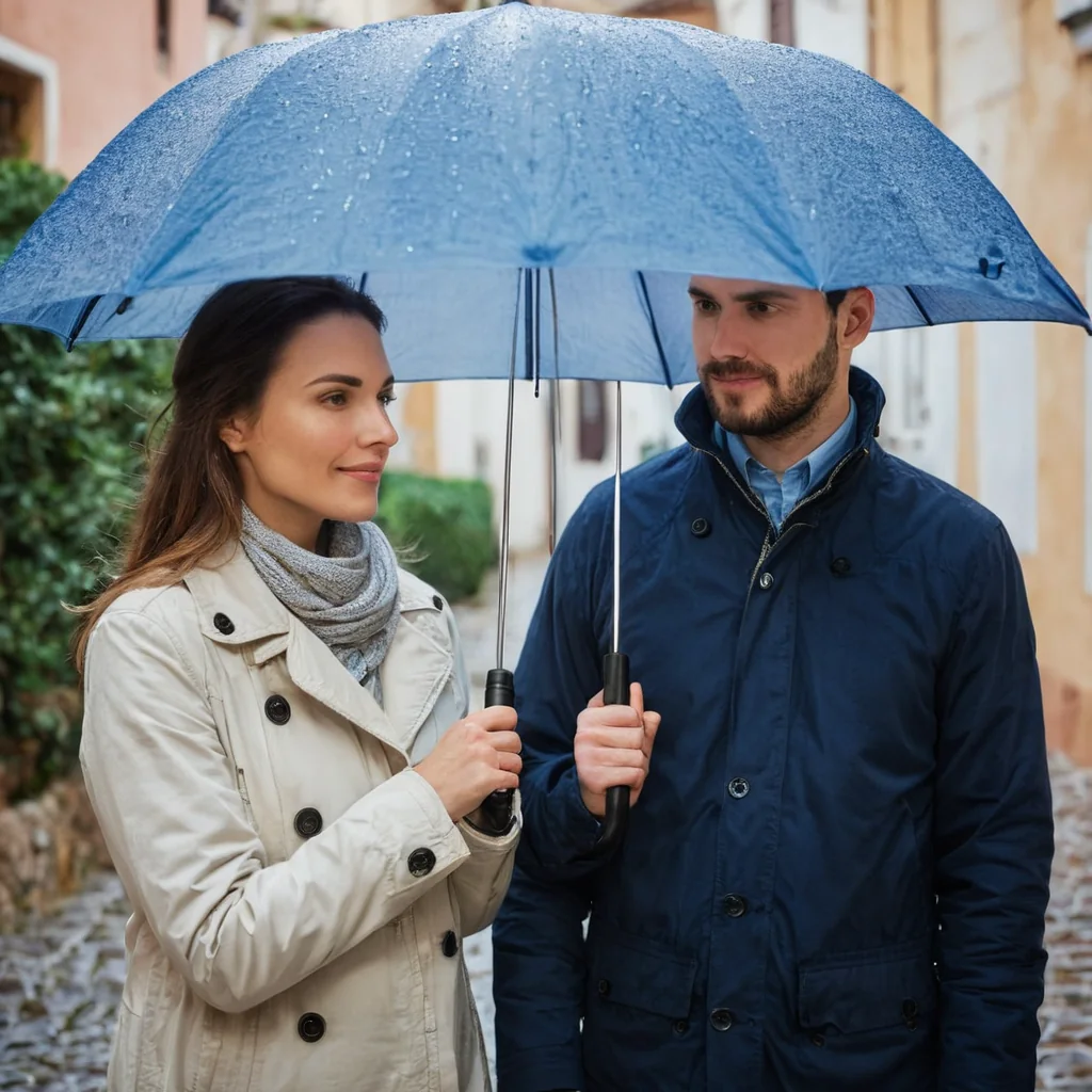 A man and woman sharing a blue umbrella on a rainy cobblestone street.