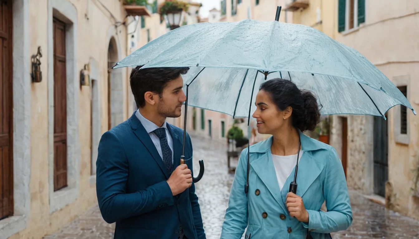 A man and woman sharing a blue umbrella on a rainy cobblestone street in a European town.