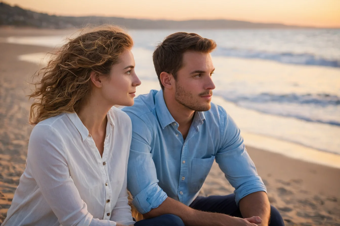 A man and woman sit together on a beach watching the sunset over the ocean.