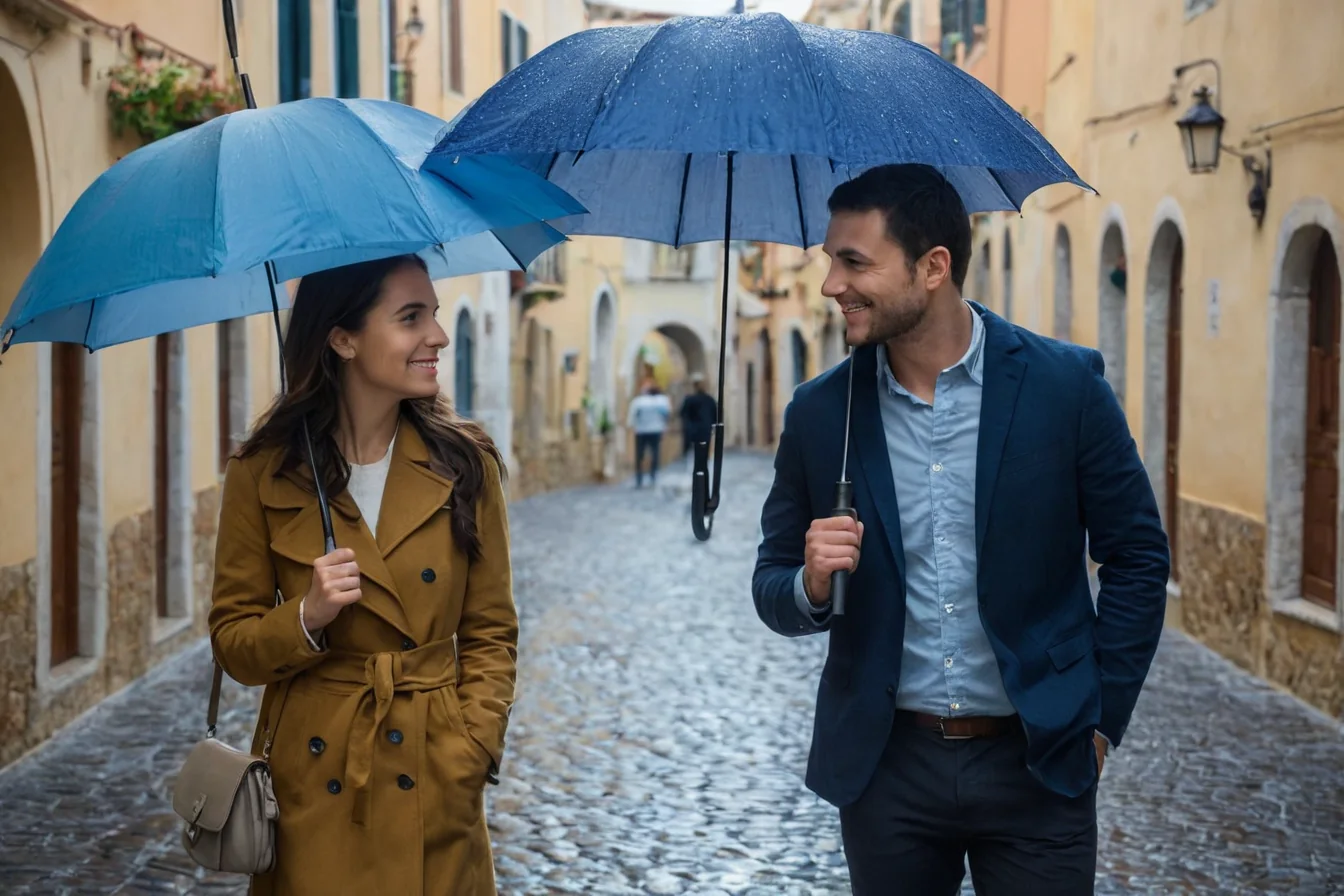 A man and woman smile while walking under blue umbrellas on a rainy cobblestone street.