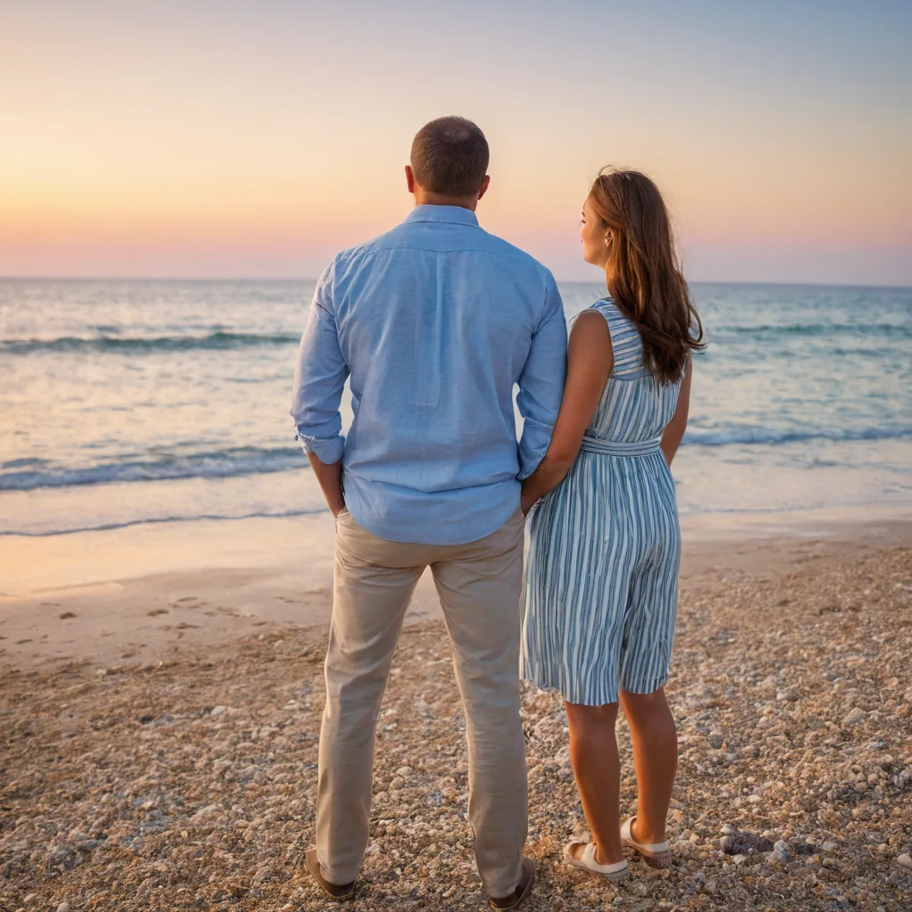 A man and woman stand together on a pebbled beach watching the ocean at sunset.