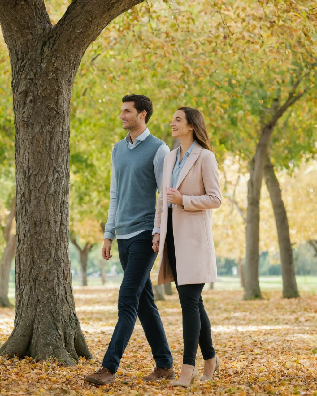 A man and woman walking together through a leafy autumn park, smiling and holding hands.