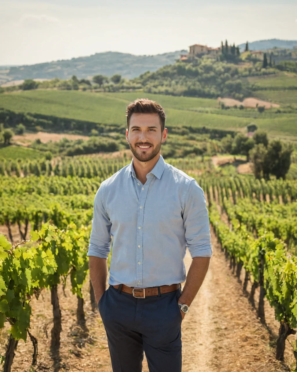 A man in a blue shirt and dark pants smiles while standing in a vineyard with hills and a villa behind him.