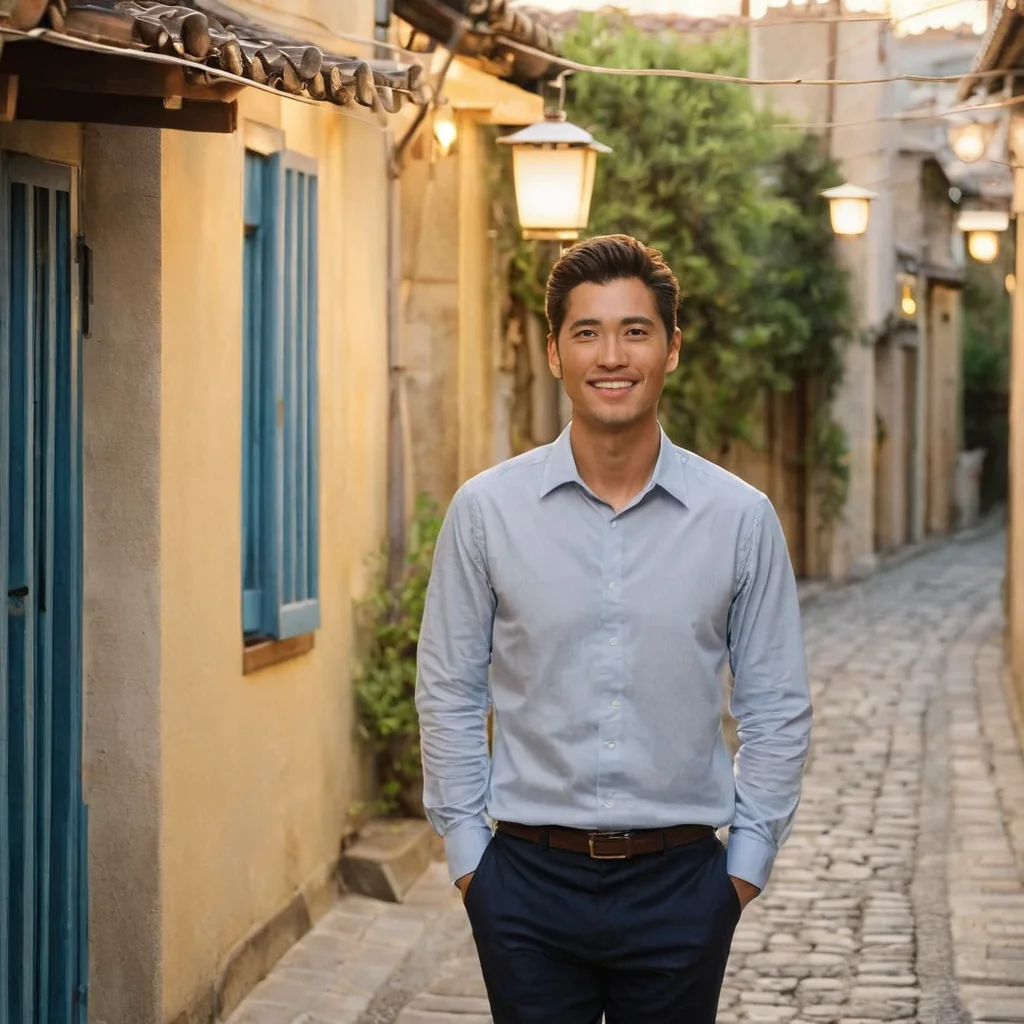 A man in a light blue shirt and dark pants smiles while standing in a narrow cobblestone alley with glowing lanterns and yellow walls with blue shutters.