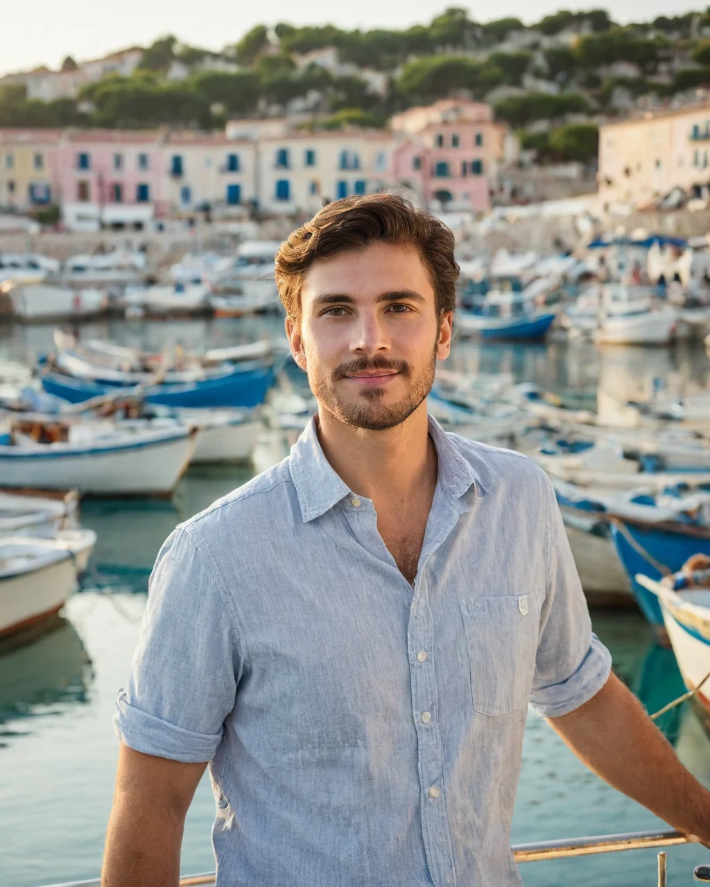 A man in a light blue shirt stands on a boat railing with a harbor full of boats and colorful houses behind him.