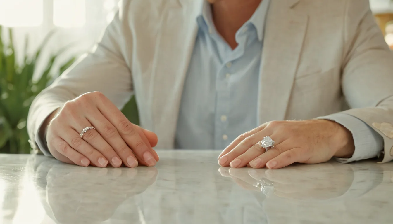A man wearing two diamond rings on his hands resting on a marble table