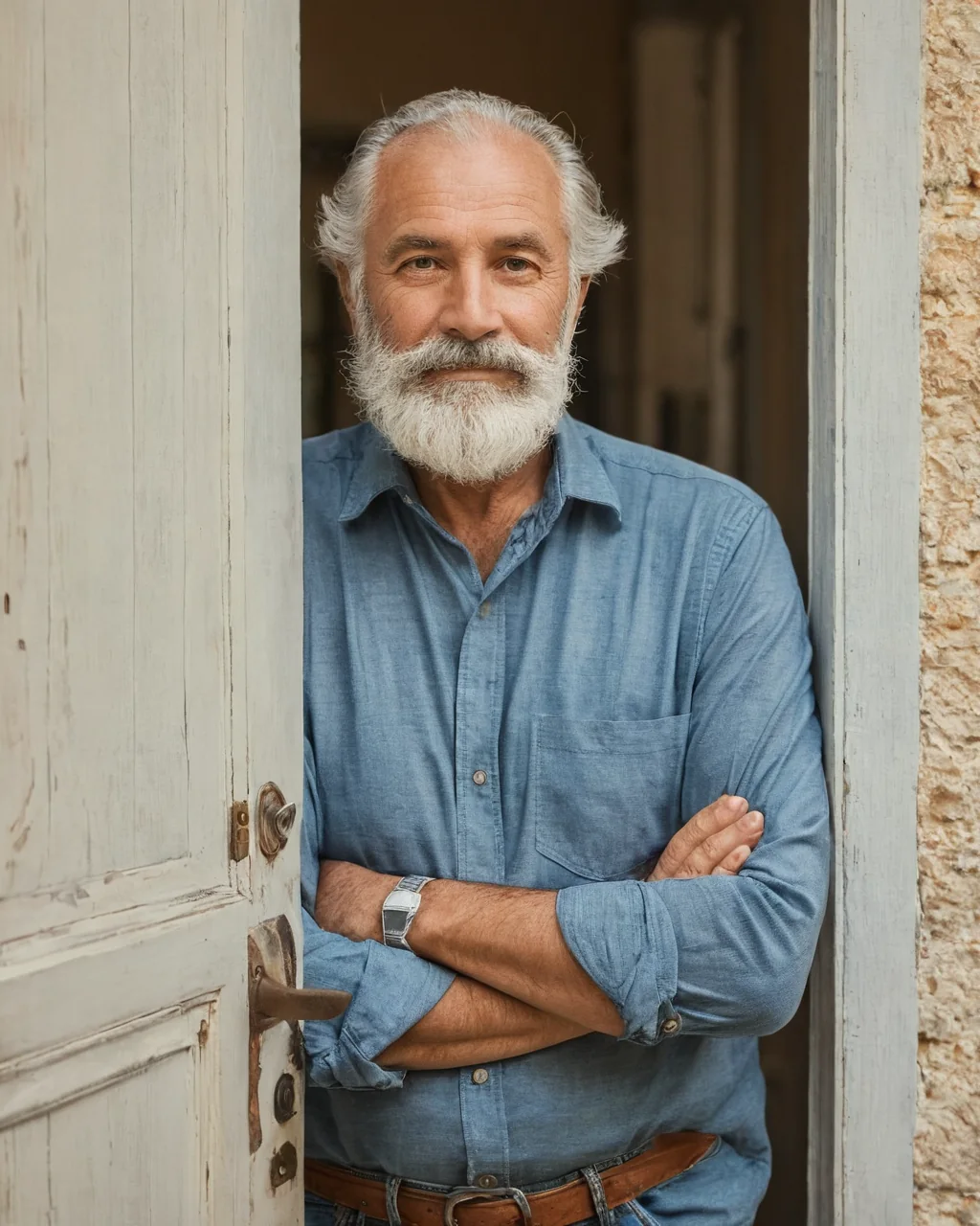 A mature man with a white beard stands in a rustic wooden doorway wearing a blue shirt and brown belt.