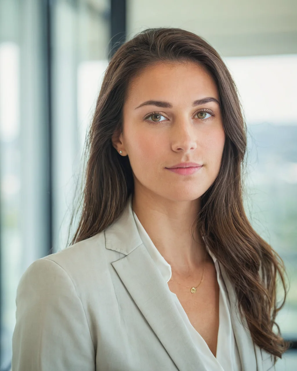 A professional woman in a beige blazer and white blouse stands by a bright window.