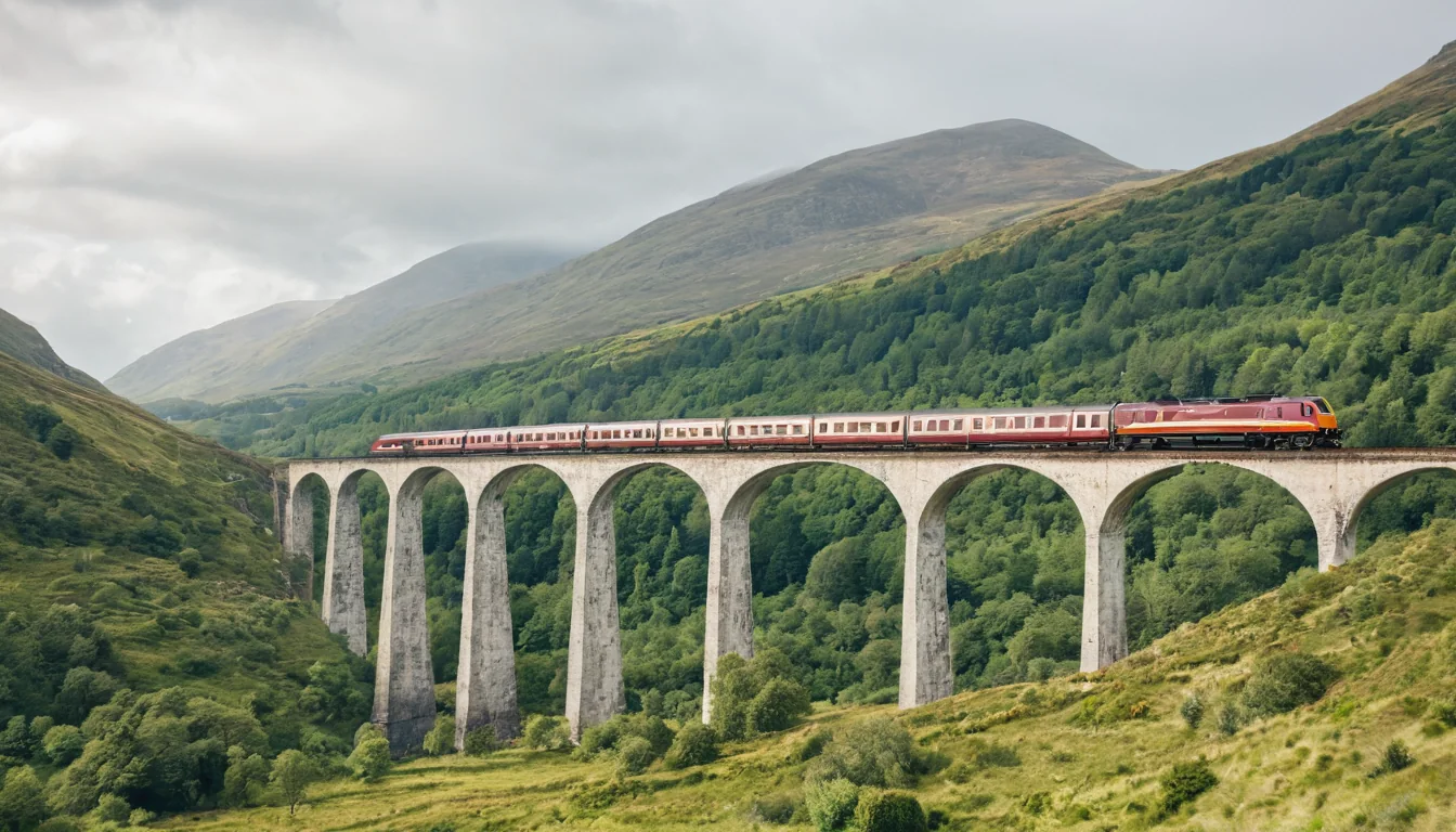 A red train crosses a towering stone viaduct through lush green hills under a cloudy sky.