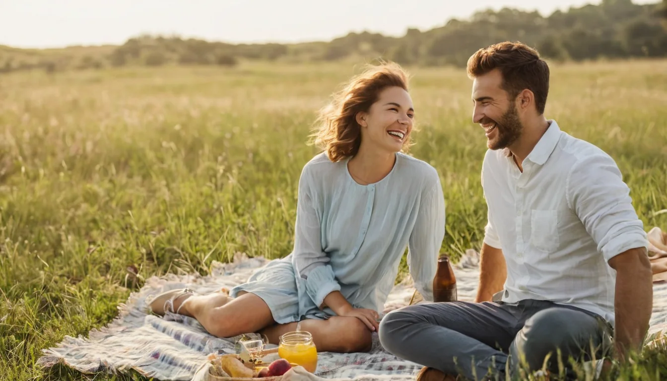 A smiling couple enjoying a picnic on a grassy field with drinks and fruit.