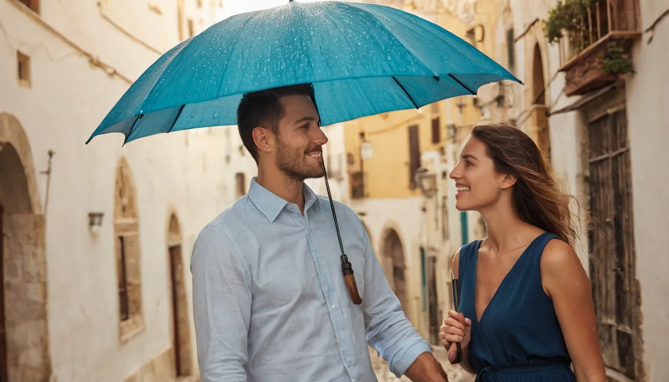 A smiling couple shares a vibrant blue umbrella as they walk through a sunlit European alleyway during light rain.