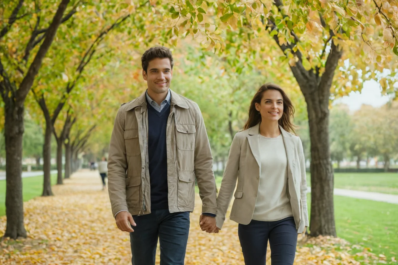 A smiling couple walks hand in hand down a tree-lined path covered in golden autumn leaves.