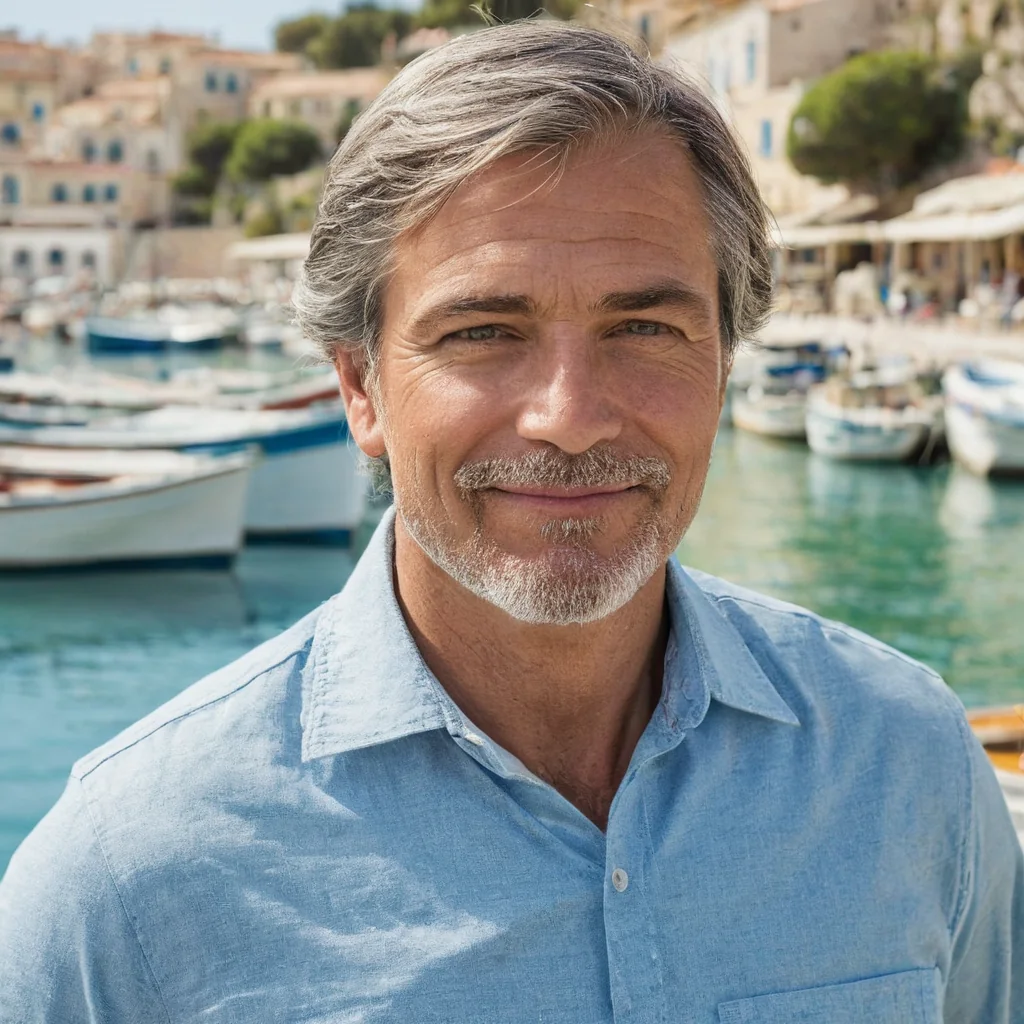 A smiling man with gray hair and beard wearing a blue shirt at a sunny harbor with boats and buildings behind him.