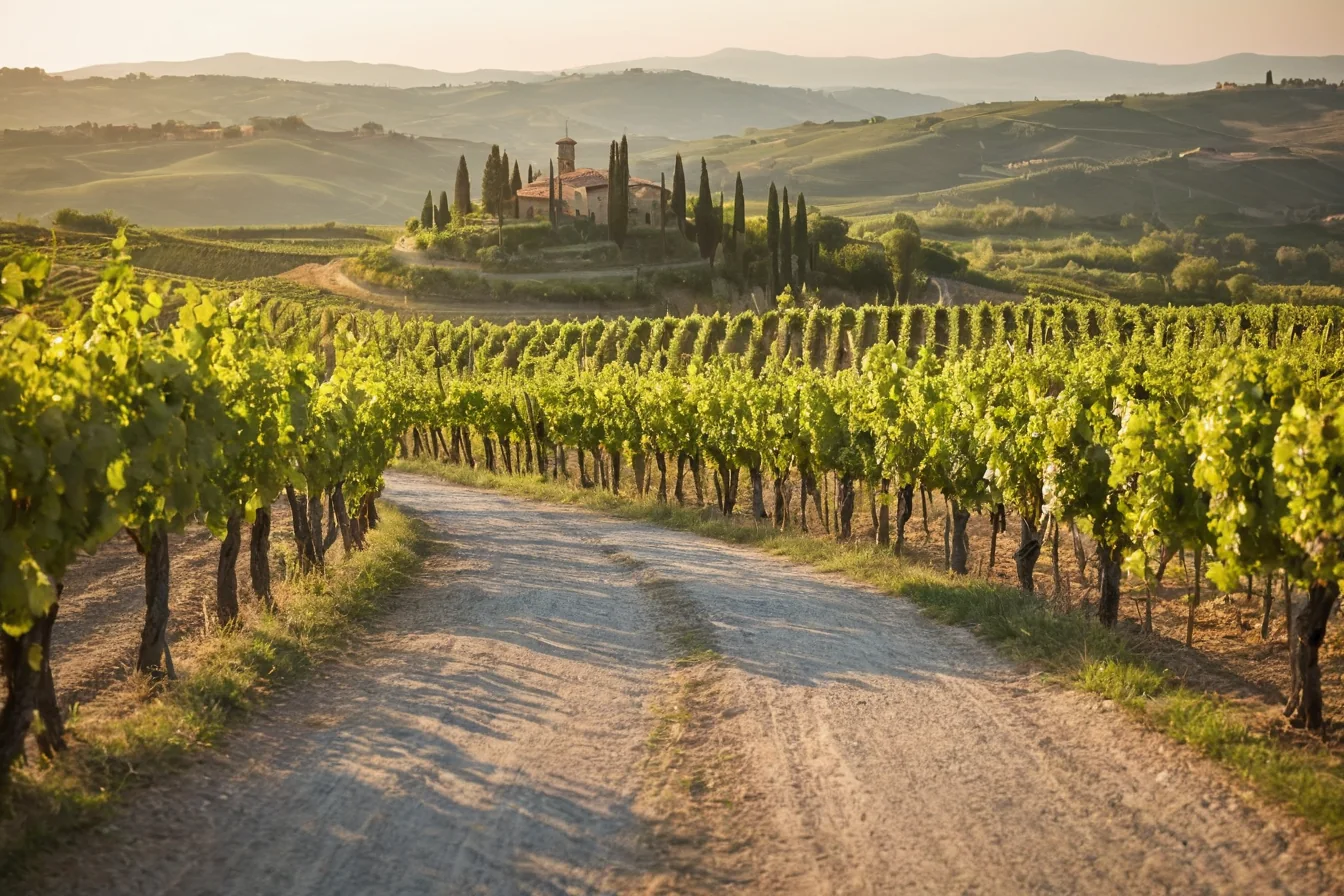 A sunlit dirt path winds through vibrant green vineyards toward a rustic stone villa nestled among tall cypress trees on rolling hills.