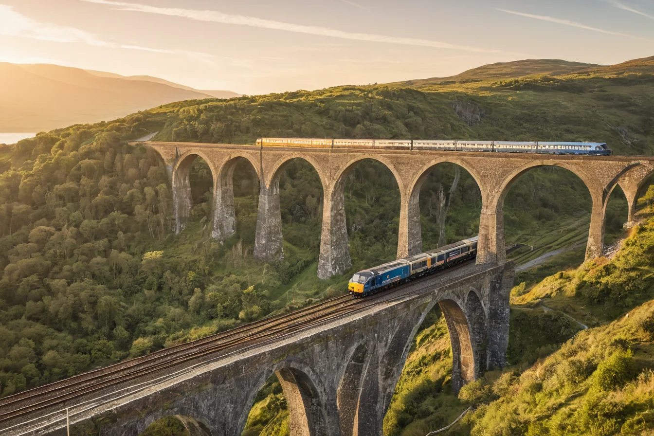 A train crosses a stone viaduct through green hills at sunset