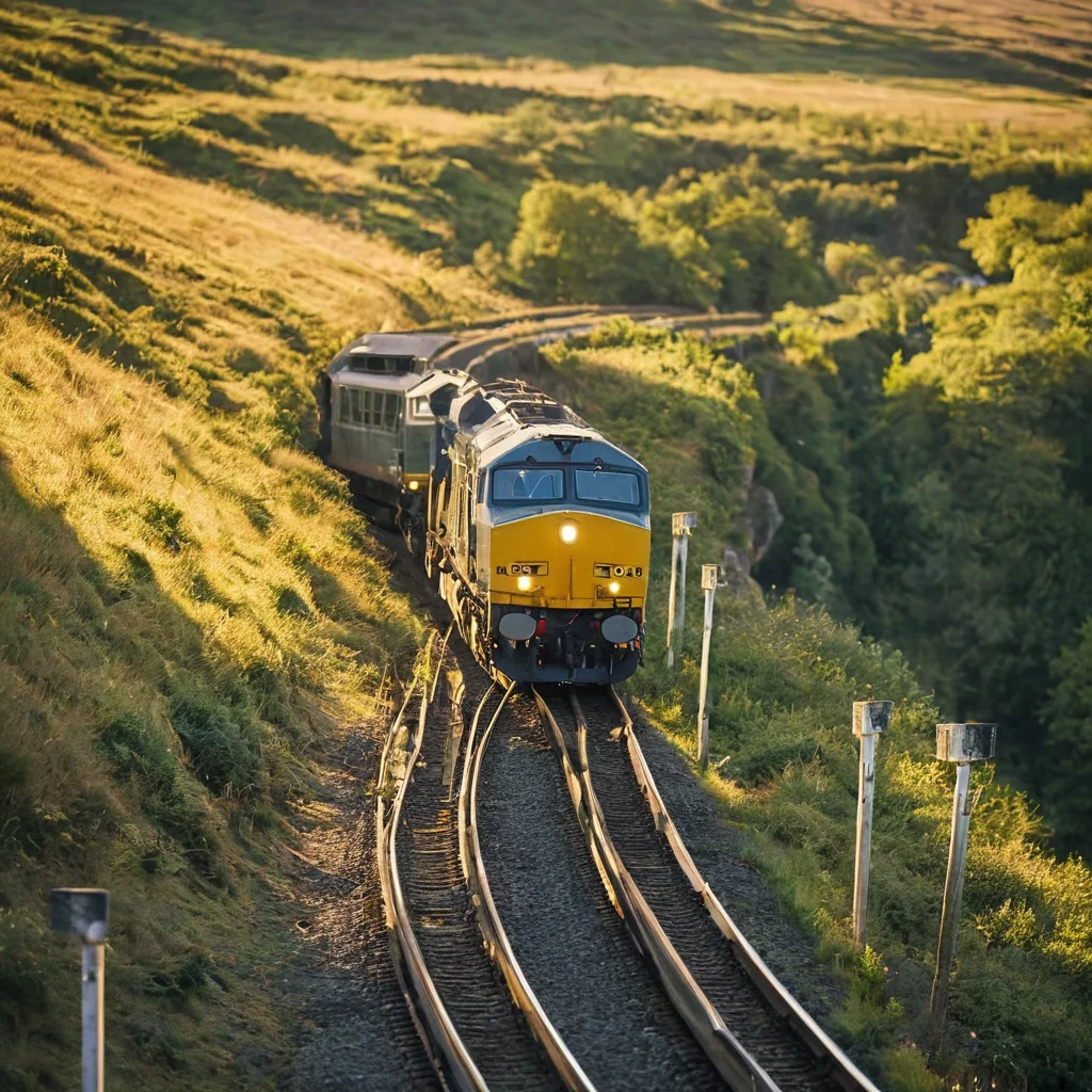 A train travels along a curving railway through rolling green hills and forest at sunset.