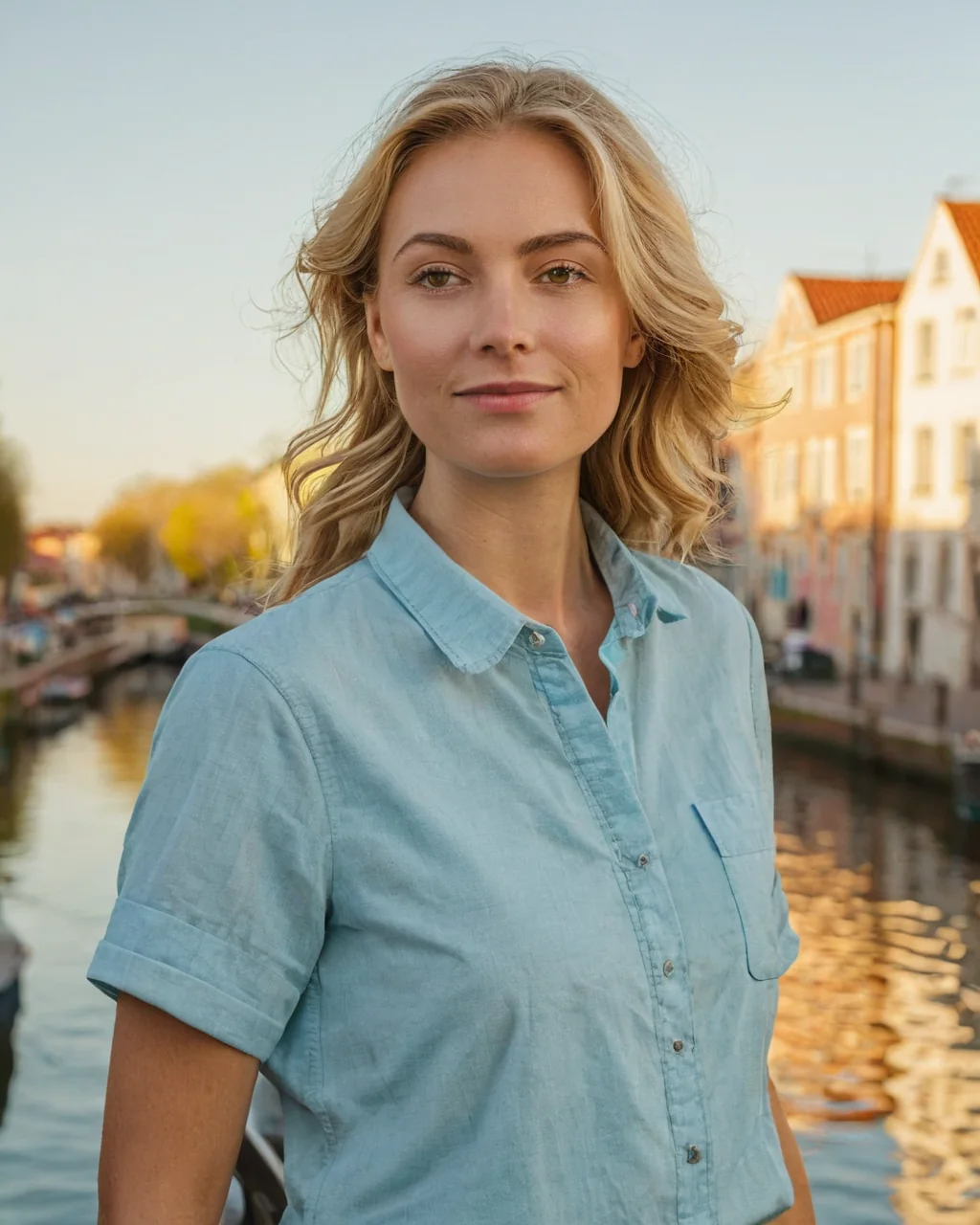 A woman in a blue shirt stands by a canal with historic buildings in the background during golden hour.