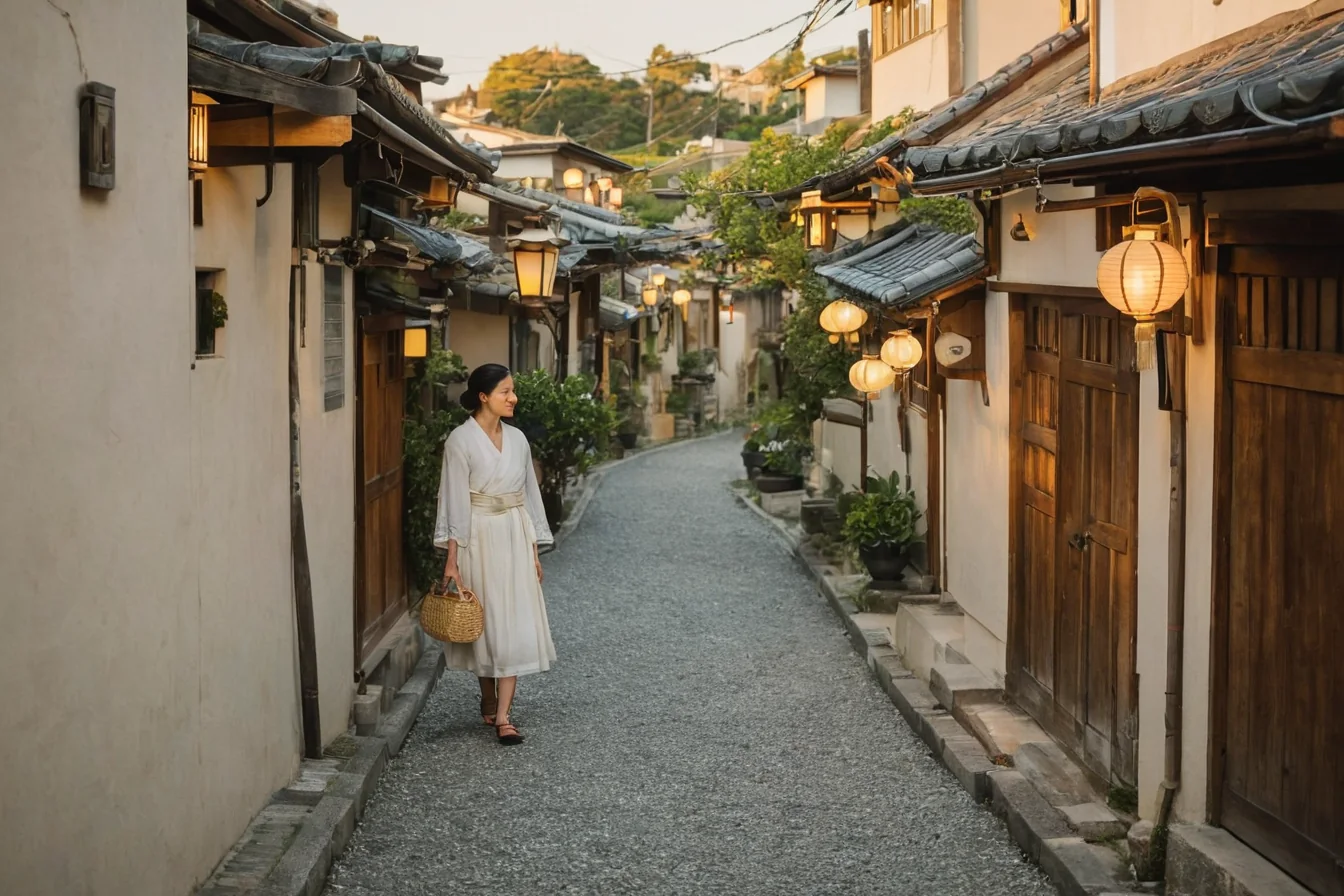 A woman in a white kimono walks down a lantern-lit Japanese alley at dusk.