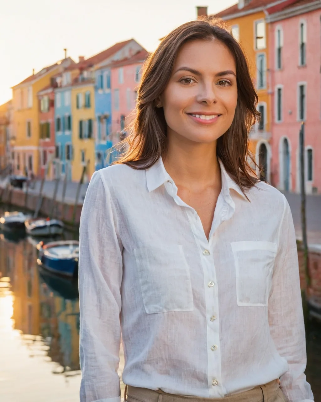 A woman in a white linen shirt smiles by a canal with colorful buildings and boats in the background.