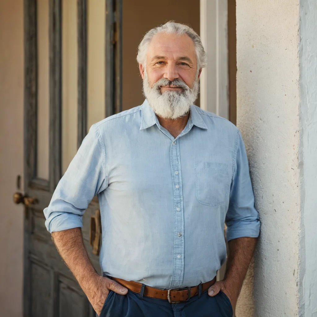 An older man with a white beard leans against a wall near a wooden door wearing a blue shirt and brown belt.