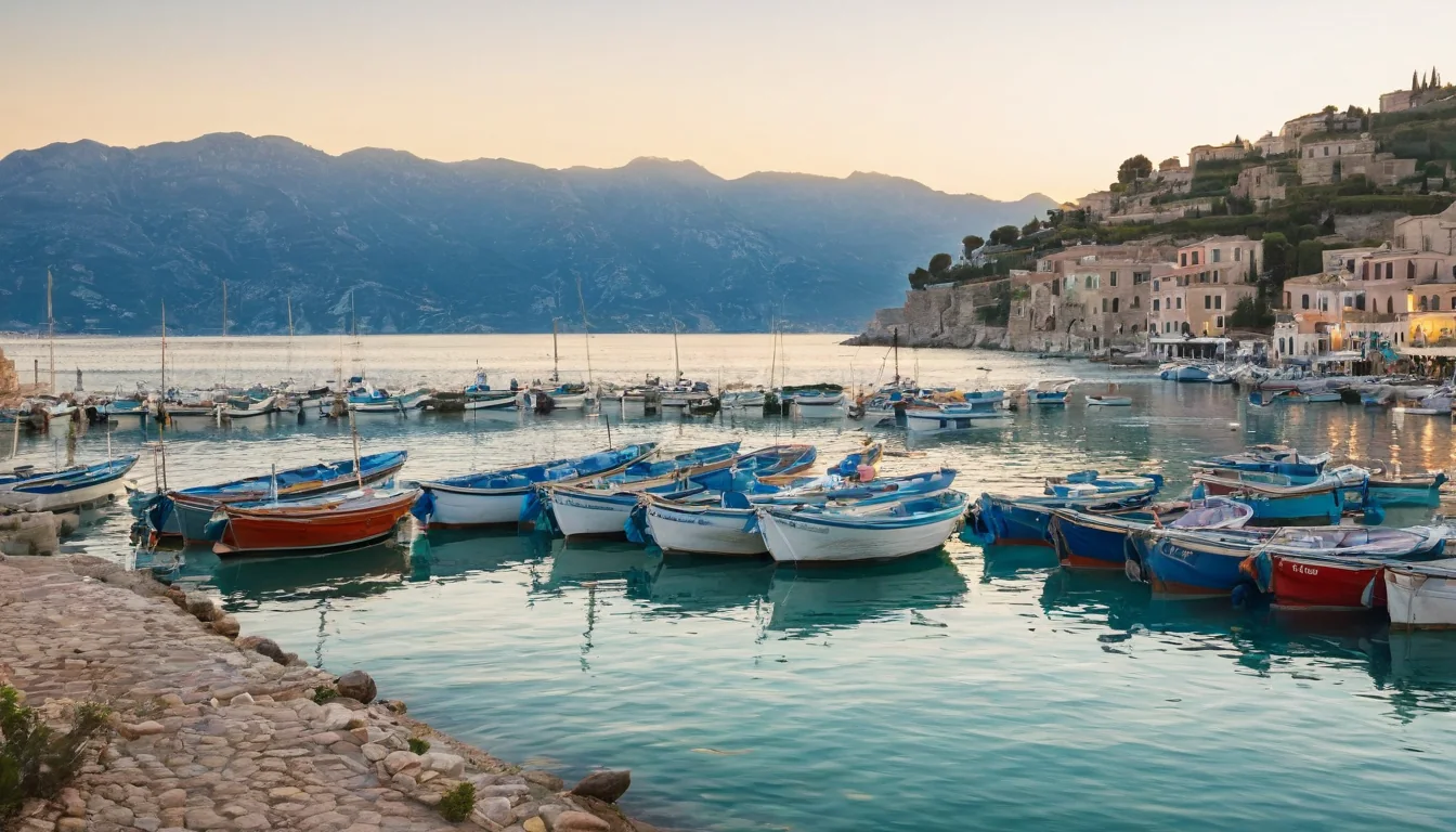 Boats docked in a calm harbor at sunset with mountains and stone buildings in the background