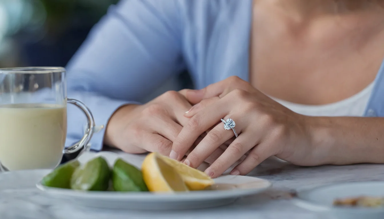 Close-up of a woman's hands displaying an engagement ring with citrus and coffee nearby.