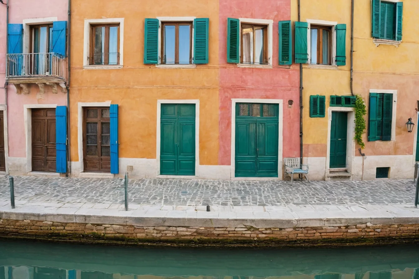 Colorful buildings with teal shutters and doors along a canal with stone pavement and water reflection.