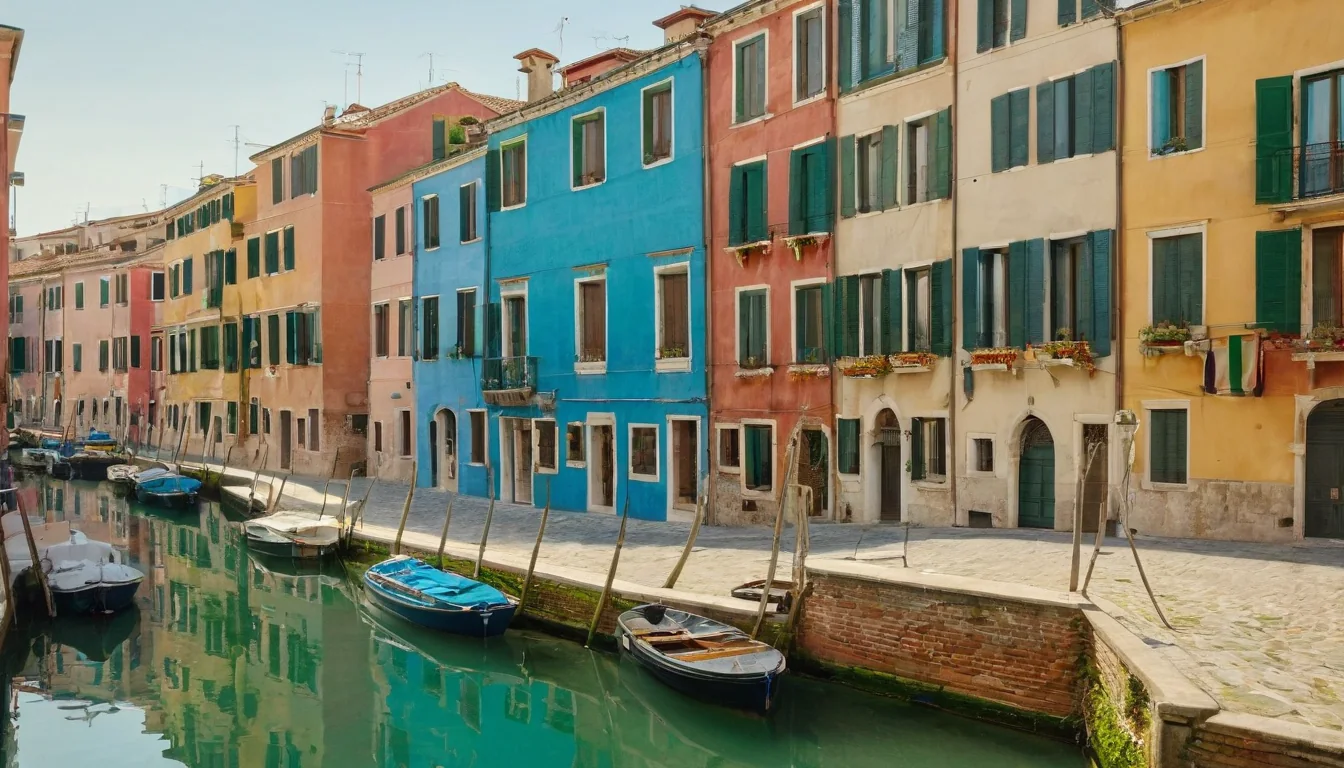 Colorful Venetian buildings reflect in calm canal water with moored boats along the stone embankment.