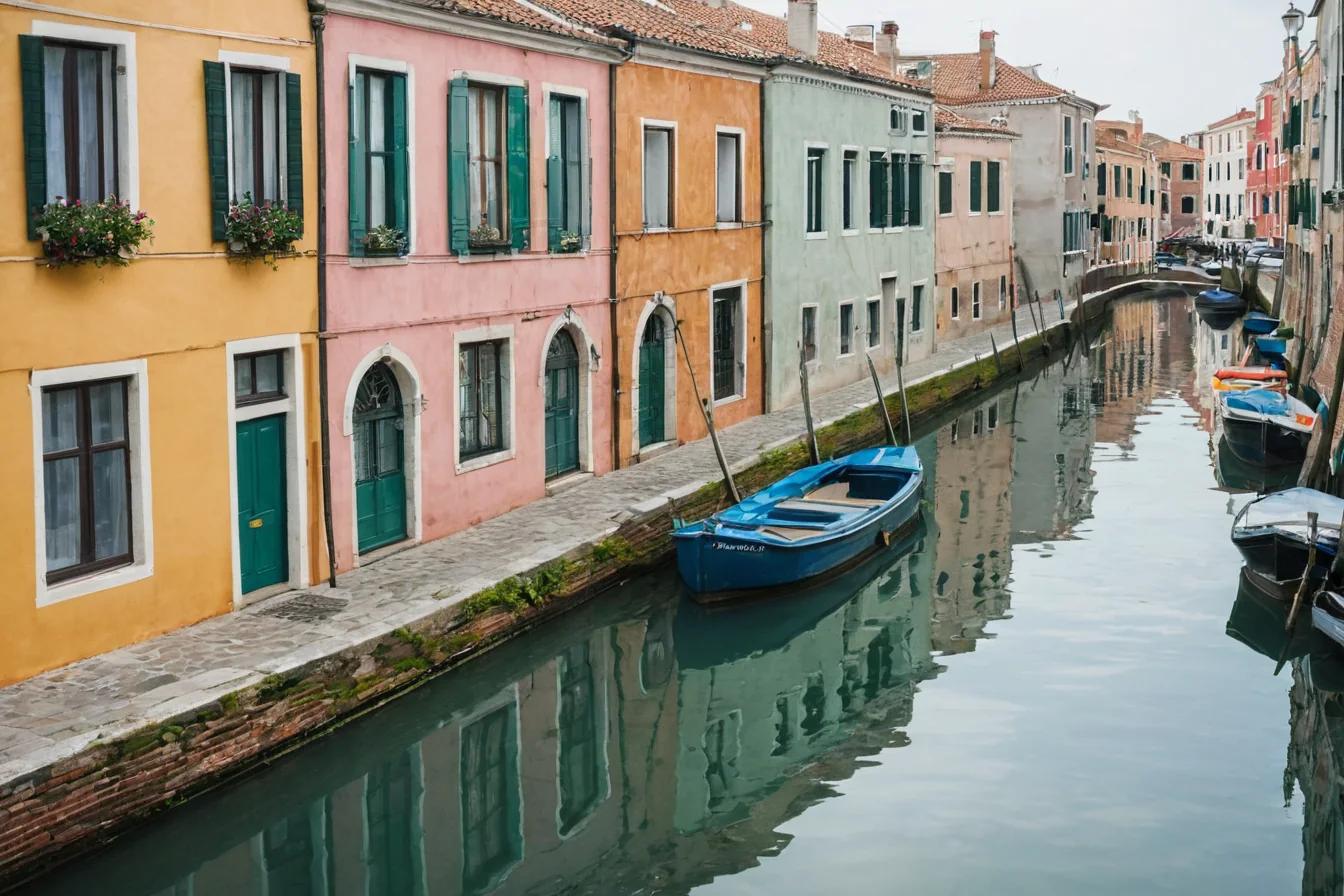 Colorful Venetian buildings with boats along a reflective canal