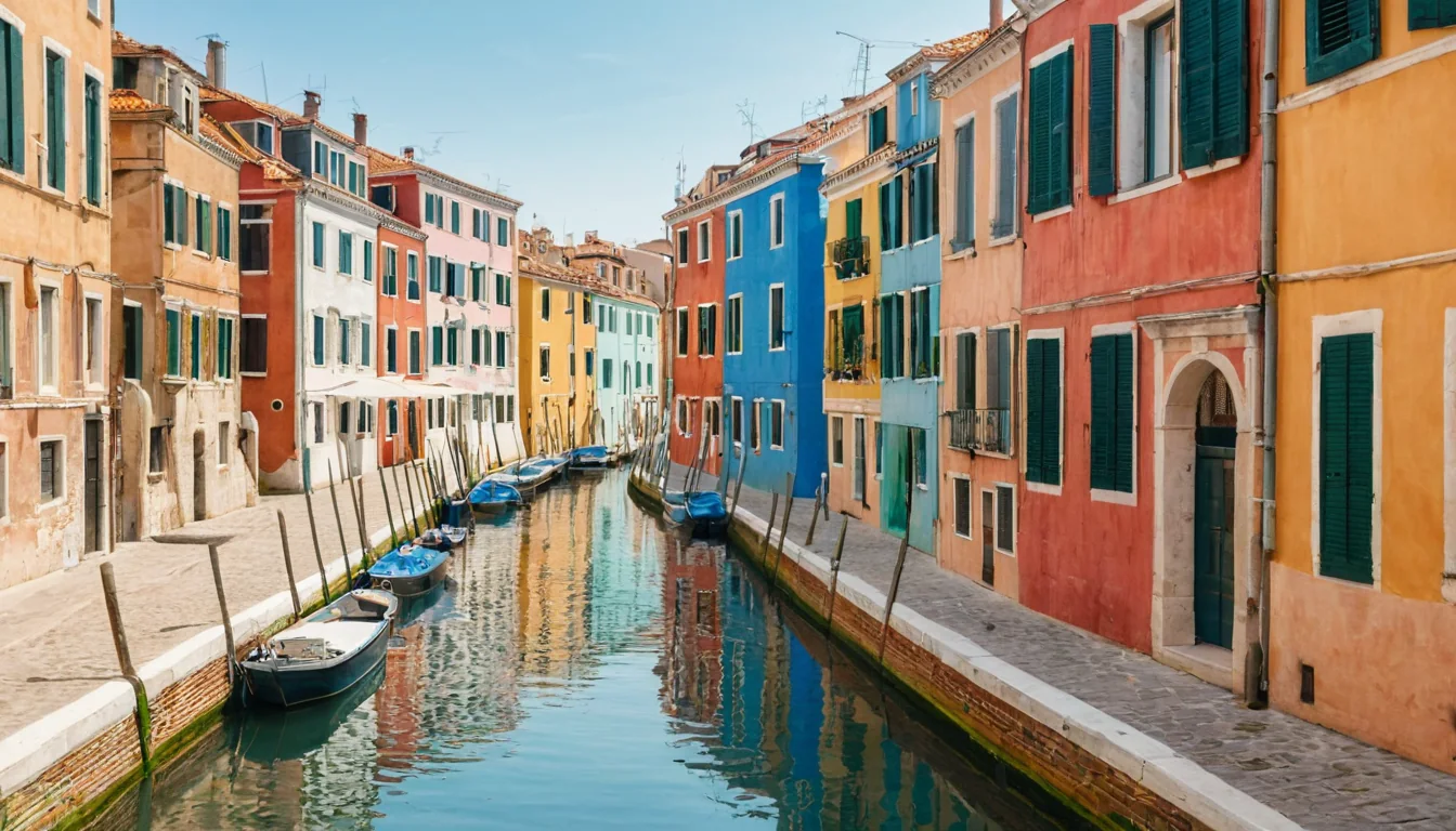 Colorful Venetian canal with boats and historic buildings reflecting in calm water under clear sky