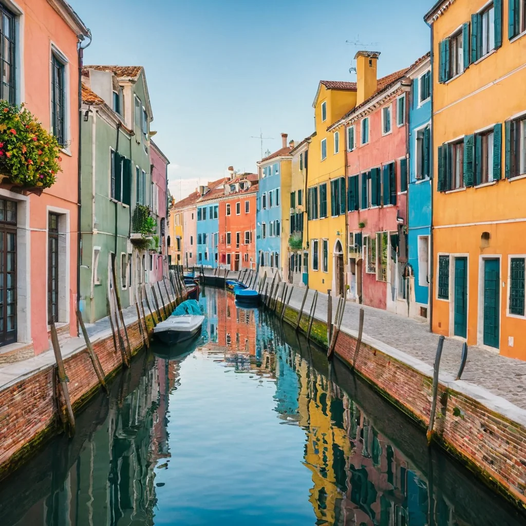 Colorful Venetian canal with reflections and boats under clear sky