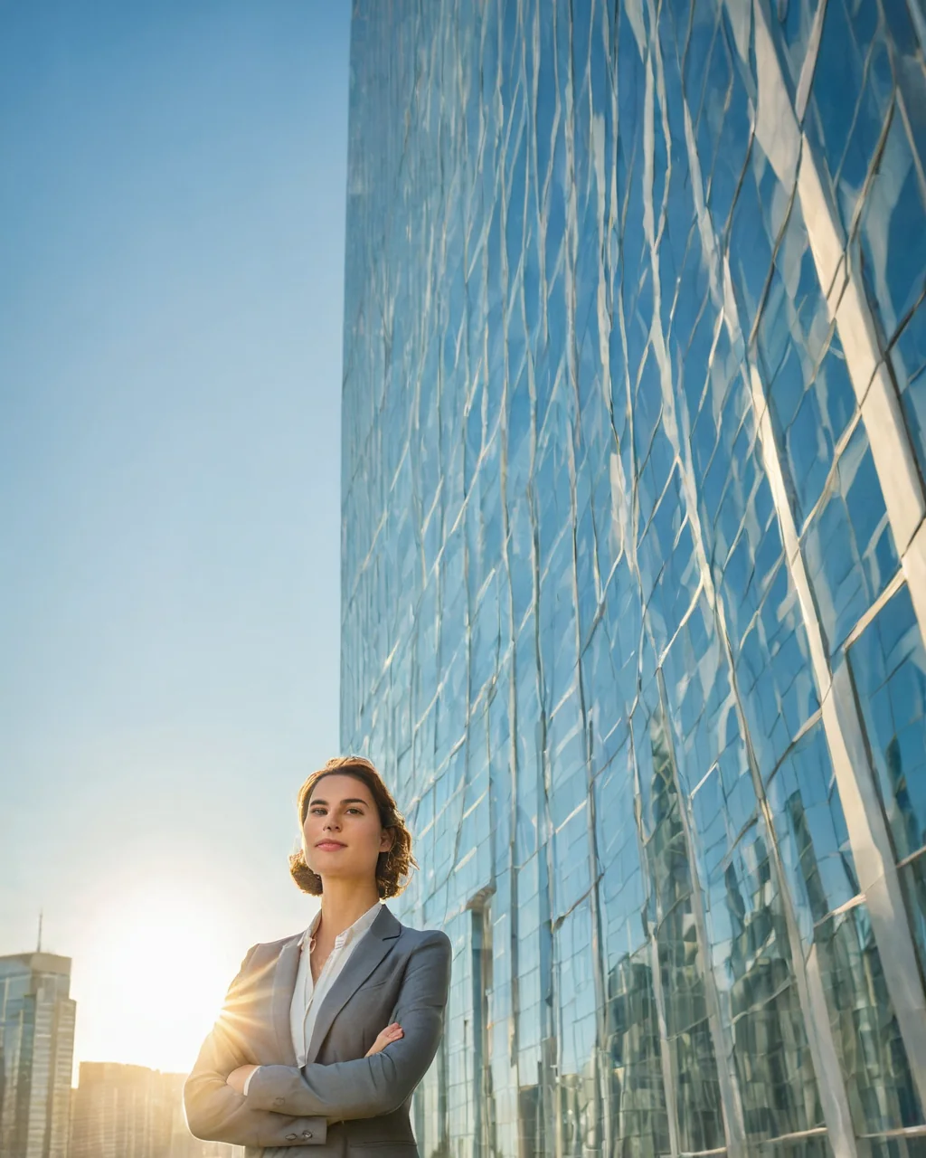 Confident businesswoman standing in front of a modern glass skyscraper with sunlight behind her.