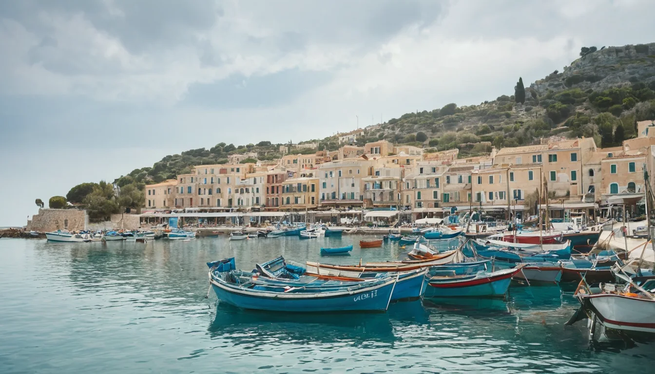 Fishing boats docked in a harbor with a hillside village in the background.