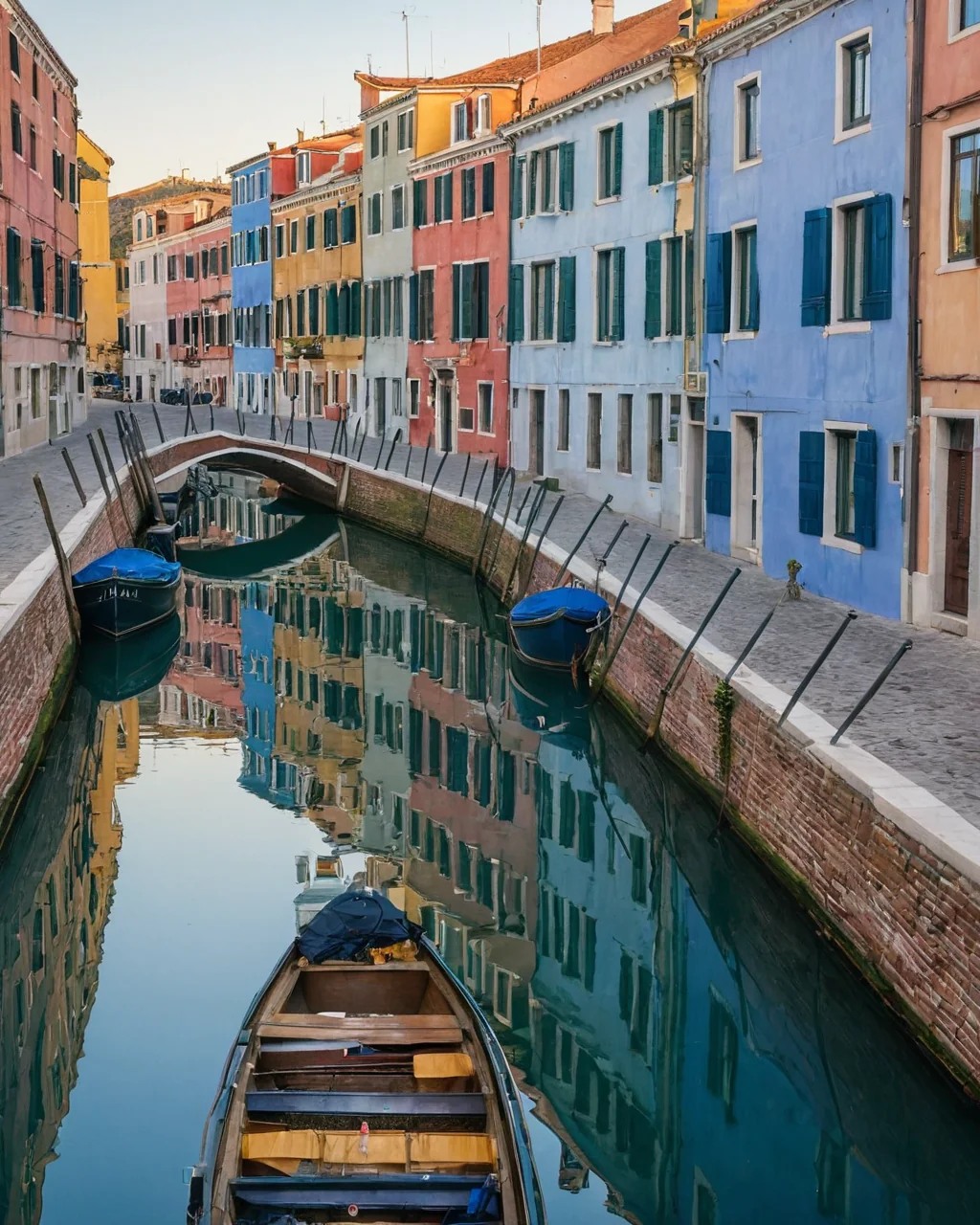 Gondola on a canal with colorful buildings and their reflections in calm water