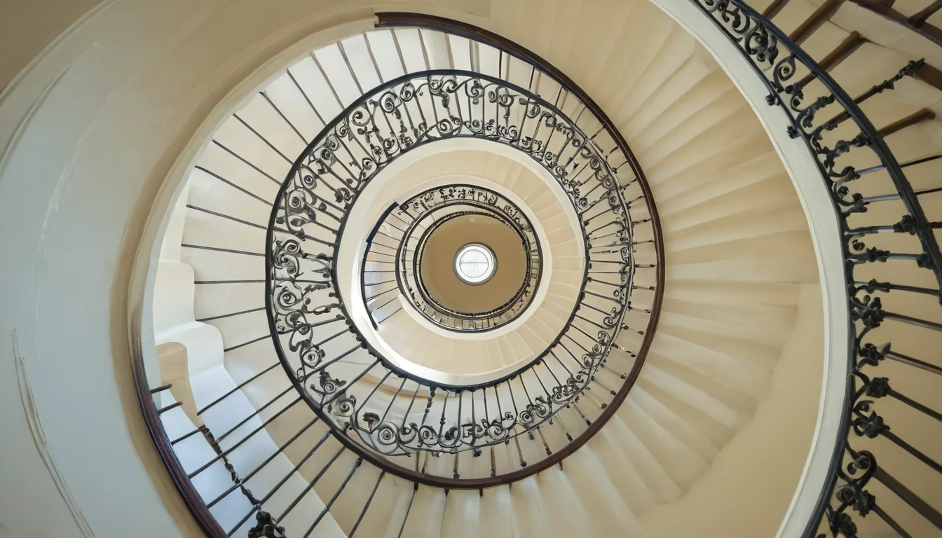 Grand spiral staircase with cream steps and black iron railings leading upward to a skylight.
