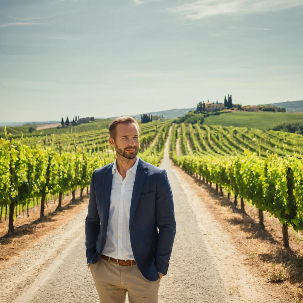 Man in blue blazer standing on dirt path through sunlit vineyard with chateau in distance