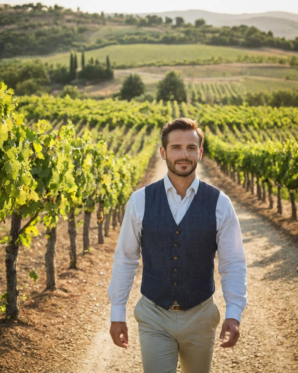 Man walking through vineyard rows at golden hour with rolling hills in background