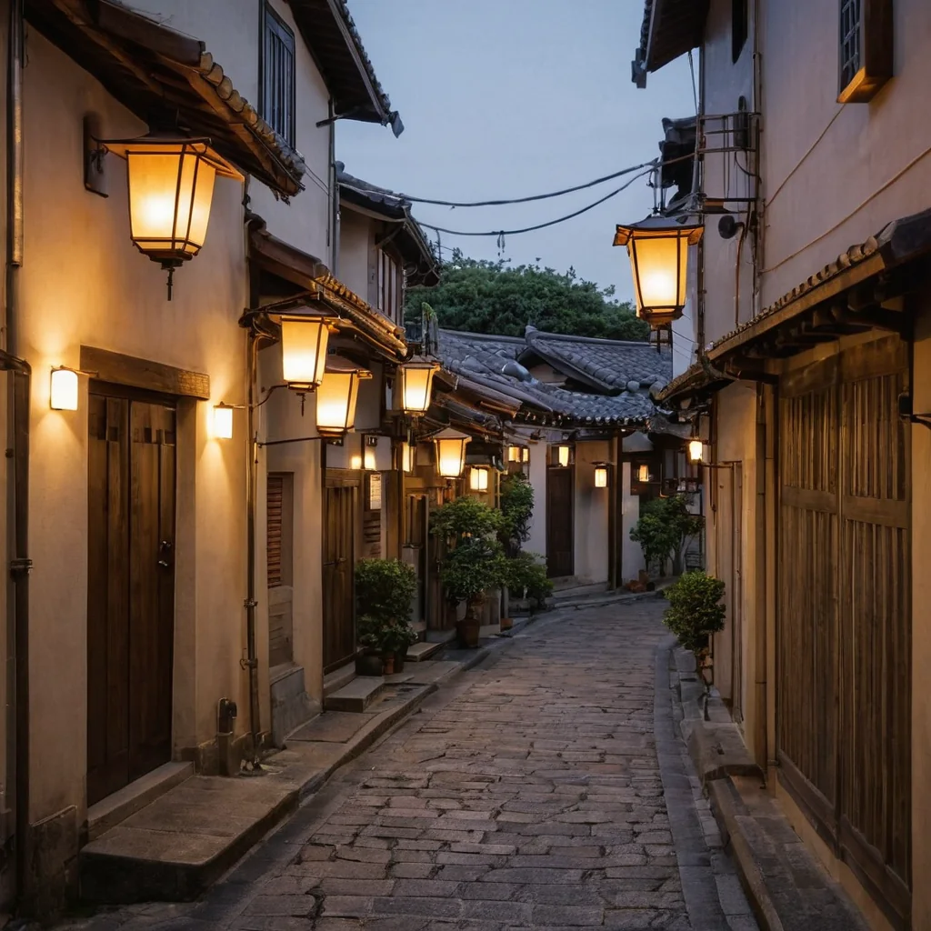 Narrow alley with glowing lanterns and traditional buildings at dusk