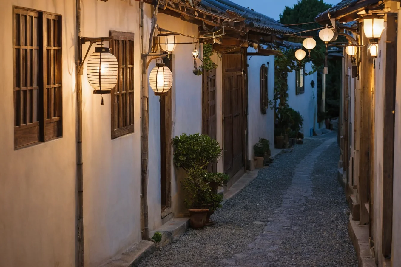 Narrow alleyway at dusk with glowing paper lanterns and potted plants along white walls.