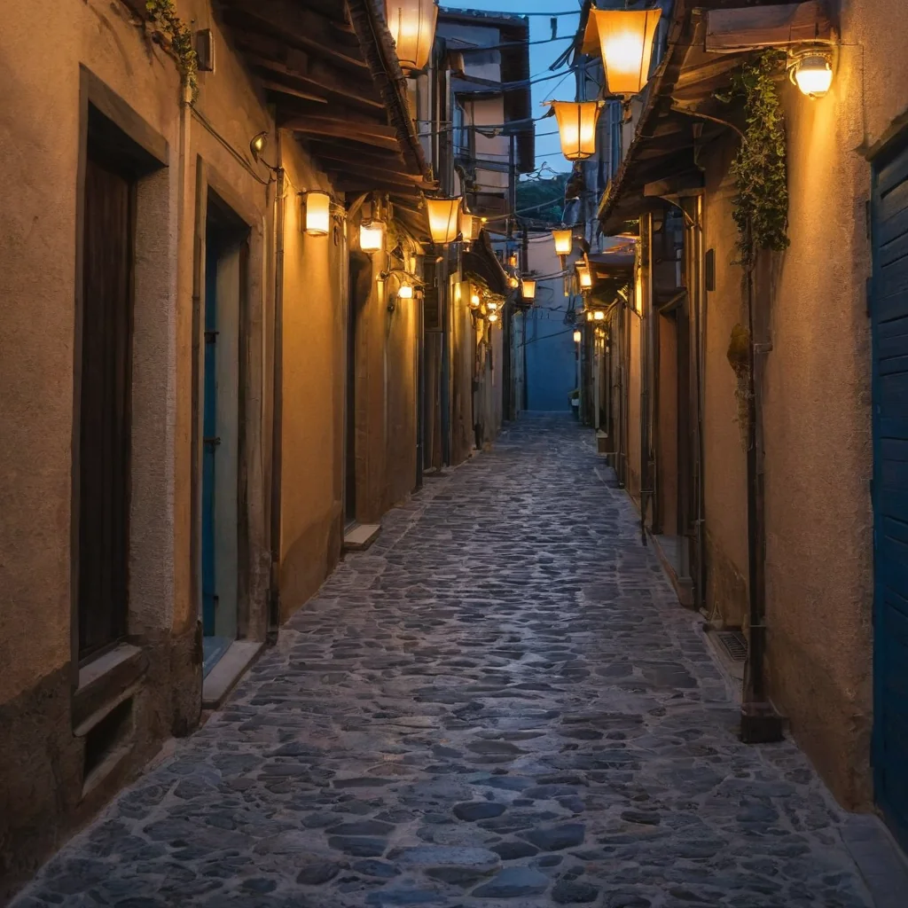 Narrow cobblestone alley lit by warm lanterns at dusk with stone walls and blue doors