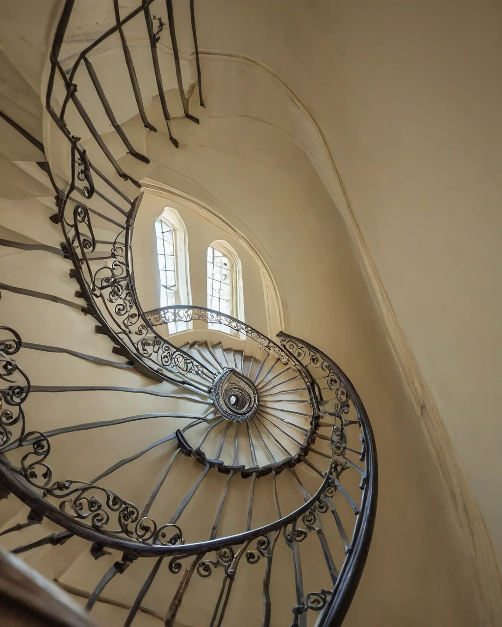 Spiral staircase with black iron railings and arched windows in a cream-colored historic interior