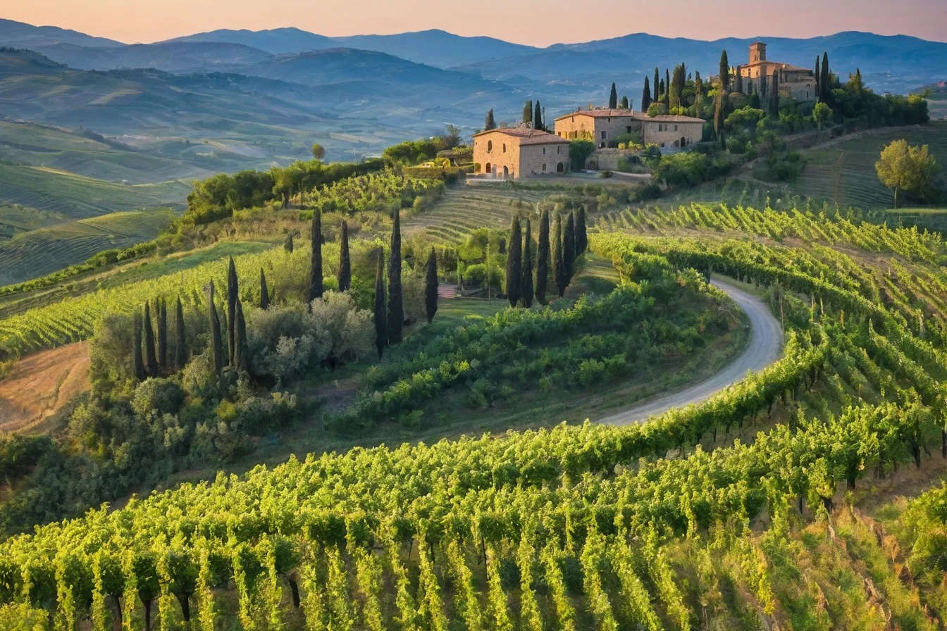 Vineyards and stone villas nestled on rolling hills with winding road and cypress trees at sunset