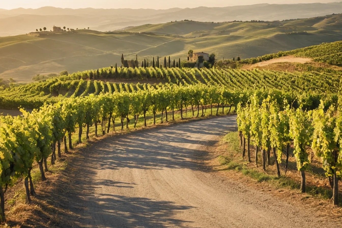 Winding gravel road through sunlit vineyards with distant hills and stone farmhouses
