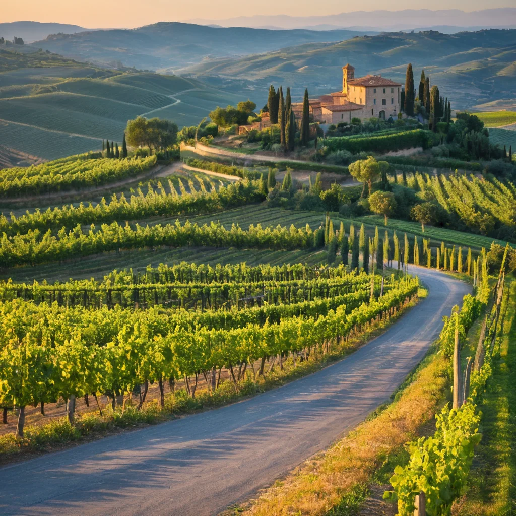 Winding road through sunlit vineyards leading to a stone farmhouse among cypress trees on rolling hills.