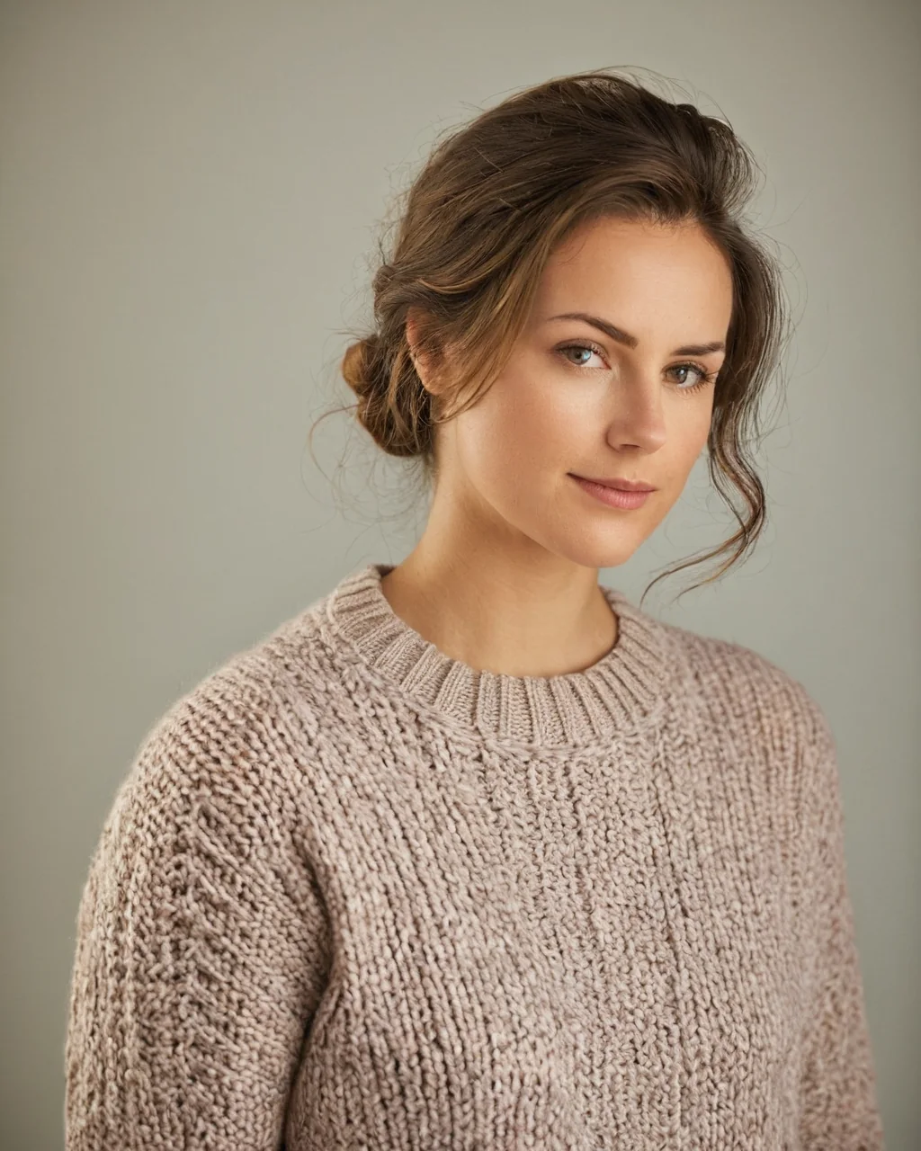Woman in beige knit sweater with brown hair in loose bun against gray background
