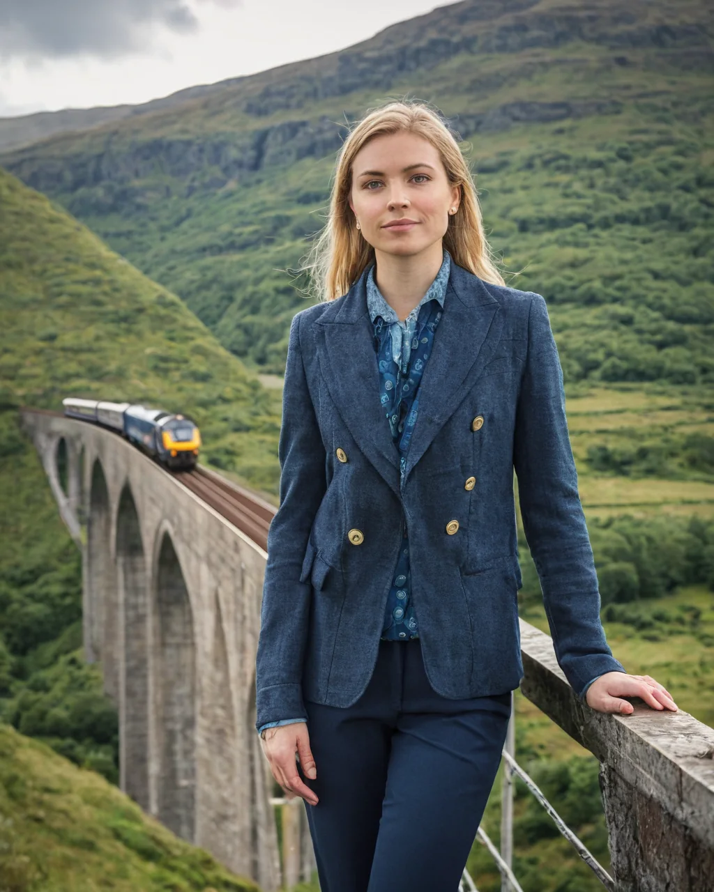 Woman in blue blazer standing on stone bridge with train passing below in green hills